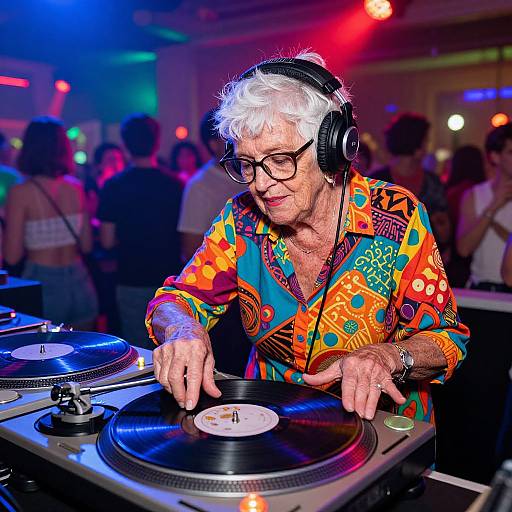 Photograph of an elderly woman with white hair, glasses, and colorful patterned shirt, DJing with headphones on, spinning a record in a dim