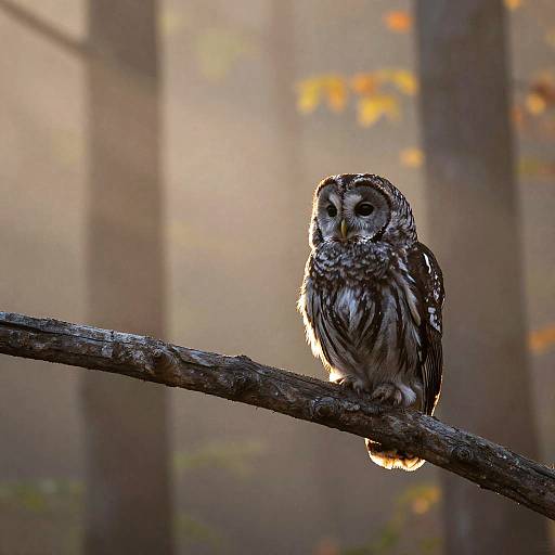 Photograph of a small, brown and white speckled owl perched on a thin tree branch in a softly lit, autumn forest.