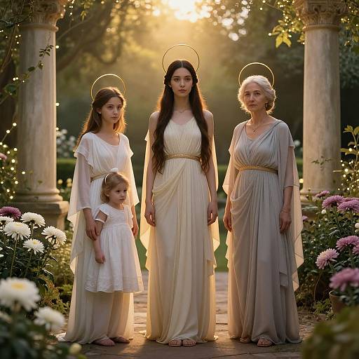 Photograph of four women with halos, wearing flowing white and cream dresses, standing in a sunlit garden with columns and flowers.