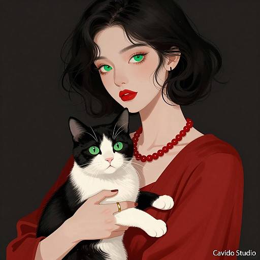 Elegant Woman with Cat in Dark Background