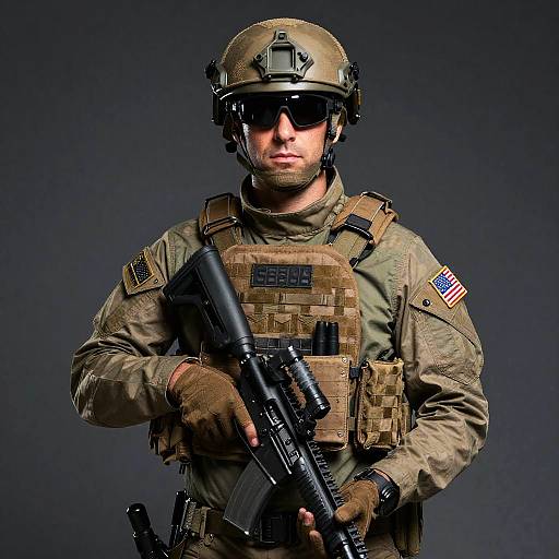 Photograph of a serious male soldier in full camouflage gear, helmet, sunglasses, holding a rifle, with American flag patch on sleeve. Dark background.