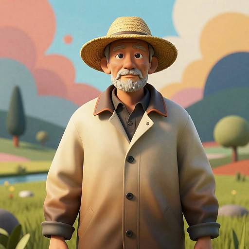 Elderly Fisherman in Straw Hat and Oilskin Coat