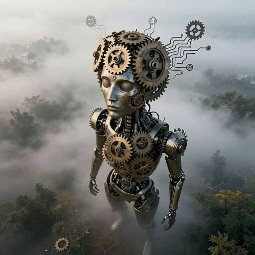 Digital artwork of a humanoid robot with gear-filled head and torso, floating above misty forest, featuring intricate mechanical details and futuristic design.