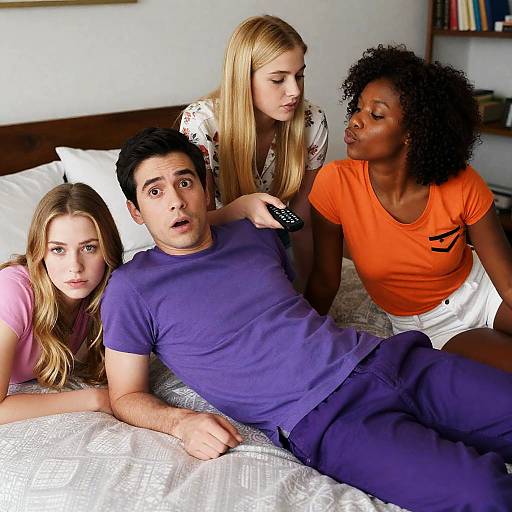 Intimate Moment: Four Friends on Bed