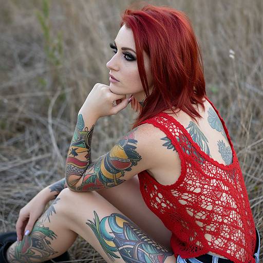Red-Haired Woman with Colorful Tattoos
