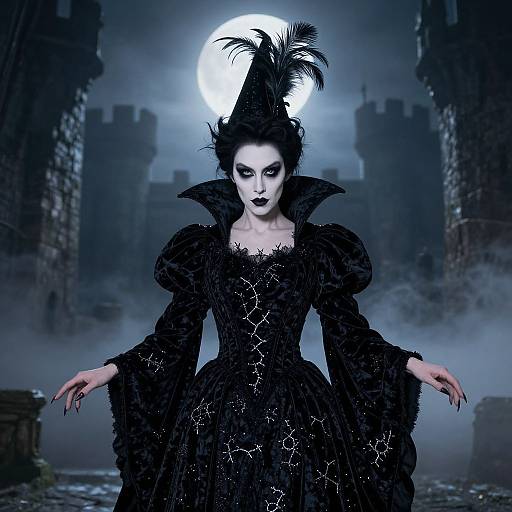 Gothic vampire woman with pale skin, black lace dress, high ruffled collar, dramatic feathered hat, and dark makeup, stands before a