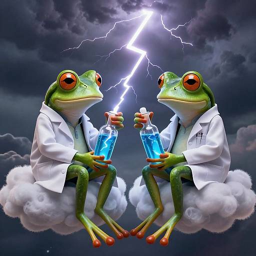 Digital illustration of two green frogs in white lab coats, holding blue liquid-filled flasks, sitting on clouds, with a lightning bolt in a stormy