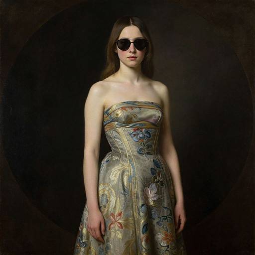 Photograph of a slender woman with long brown hair, wearing dark sunglasses and a strapless floral dress, standing against a black background.