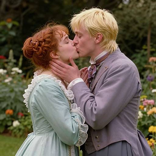Photograph of a red-haired woman and a blonde man kissing passionately in a garden, wearing Victorian-style clothing with frilled sleeves.