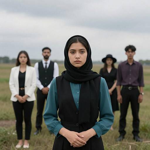 Serious Young Woman in Black Headscarf with Group Outdoors