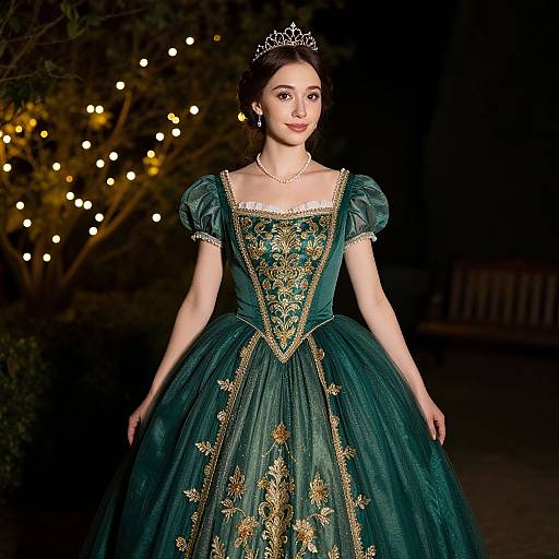 Photograph of a fair-skinned woman with dark hair, wearing a green, gold-embroidered ball gown, tiara, and pearl necklace