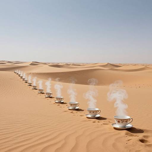 Photograph of a line of white, steaming teacups on a sandy desert, with undulating dunes and a clear blue sky.