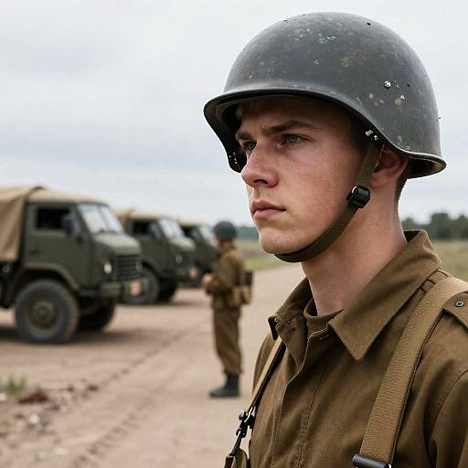 Serious Young Soldier Amidst Military Trucks