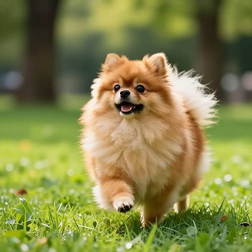 Photograph of a fluffy, caramel-colored Pomeranian puppy running joyfully on bright green grass, tongue out, in a sunlit park.