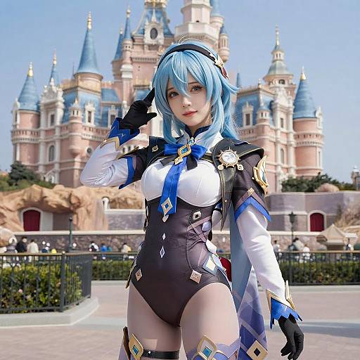 Cosplay photo of a blue-haired woman in a detailed white and black fantasy outfit, saluting in front of a Disney-style castle. Bright daylight,