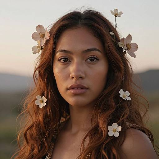 Photograph of a young woman with long, wavy brown hair, adorned with white flowers, gazing directly at the camera, set against a softly