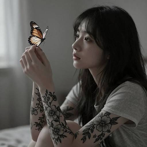 Photograph of a tattooed Asian woman with long black hair, wearing a gray T-shirt, gently holding a black-and-orange butterfly in a softly lit