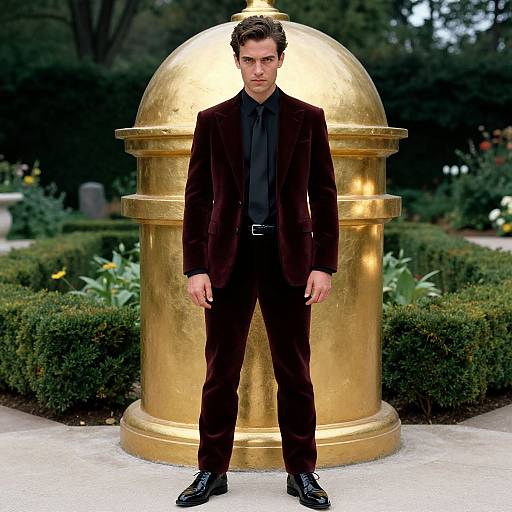 Photograph of a serious-looking man with dark hair, wearing a dark brown velvet suit, black shirt, and black shoes, standing in front of a