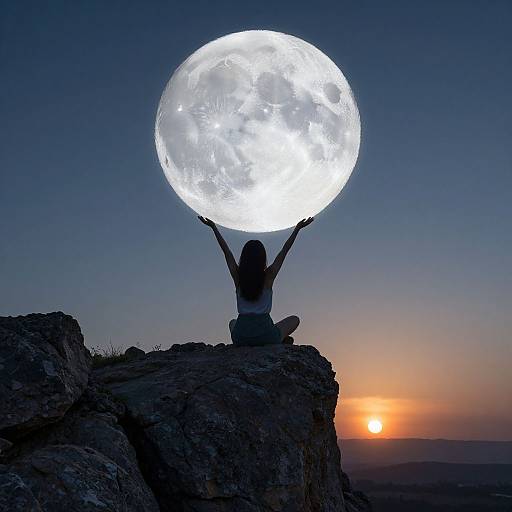 Photograph of a silhouetted person with raised arms holding a glowing full moon, sitting on a rocky cliff at sunset.
