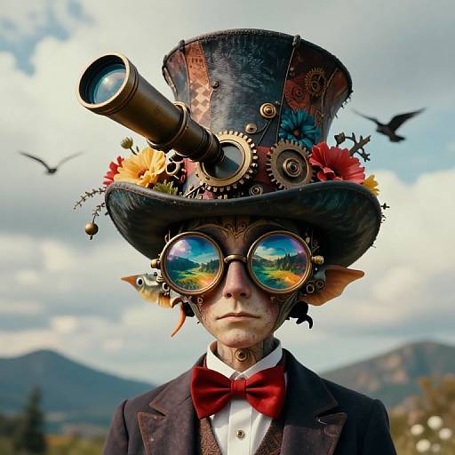 Steampunk child with reflective goggles, large top hat with gears and flowers, red bowtie, outdoors, mountains and birds in background.