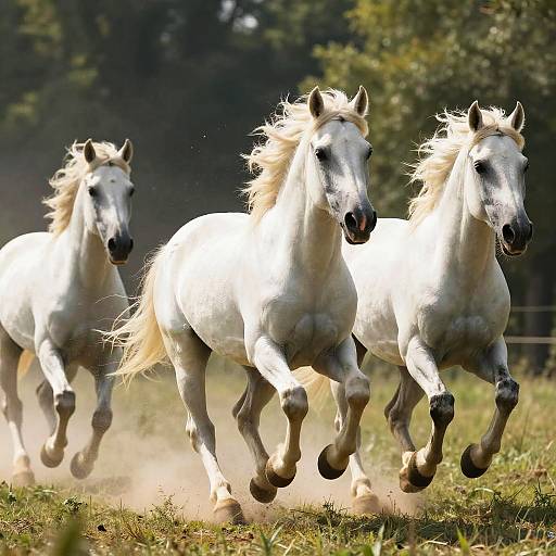 White Horses Running Through Sunlit Forest