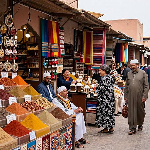 Photograph of vibrant Moroccan market stall with spices, colorful textiles, four men in traditional attire, and hanging jewelry. Busy, lively atmosphere.