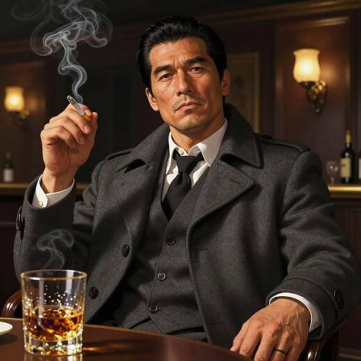 Photograph of a handsome, middle-aged man with dark hair, wearing a dark gray suit and tie, smoking a cigarette, seated at a bar with