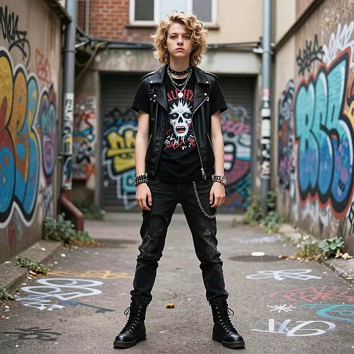 Teenager in Punk Rock Outfit in Graffiti Alley