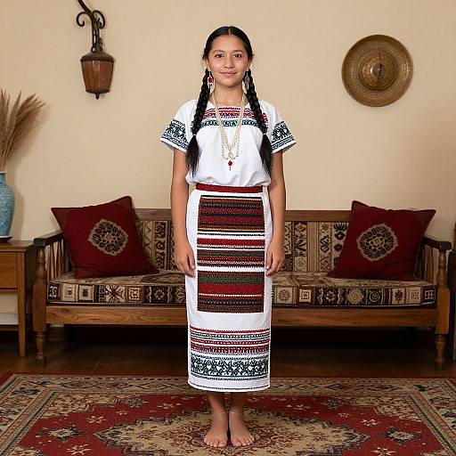 Photograph of a young woman with long braided hair, wearing a white traditional dress with black and red geometric patterns, standing barefoot in a warmly