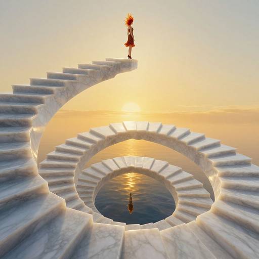 Digital art: Silhouetted girl with flaming hair stands on top of a spiraling white marble staircase, sunset reflected in circular pool below.