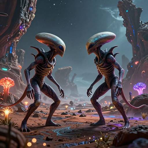 Digital artwork of two Xenomorphs with elongated, shiny heads, standing in a neon-lit, alien landscape with glowing mushrooms and futuristic ruins
