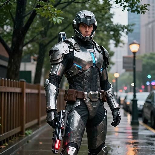 Futuristic Armored Soldier in Rainy City