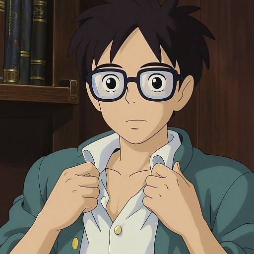 Anime-style drawing of a bespectacled young man with black hair, wearing a green jacket and white shirt, buttoning up in a wooden library