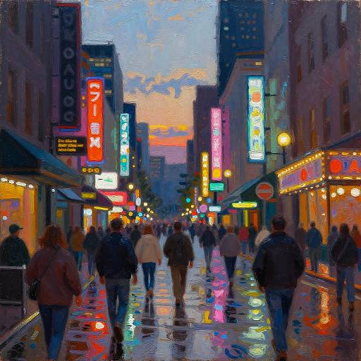 Digital painting of a vibrant, neon-lit urban street at dusk, with rain reflecting colorful signs, bustling pedestrians, and a sunset sky.