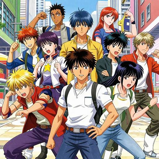 Colorful anime group photo: diverse characters with varied hairstyles and outfits, posing energetically in a bustling urban street. Bright, dynamic, and vibrant