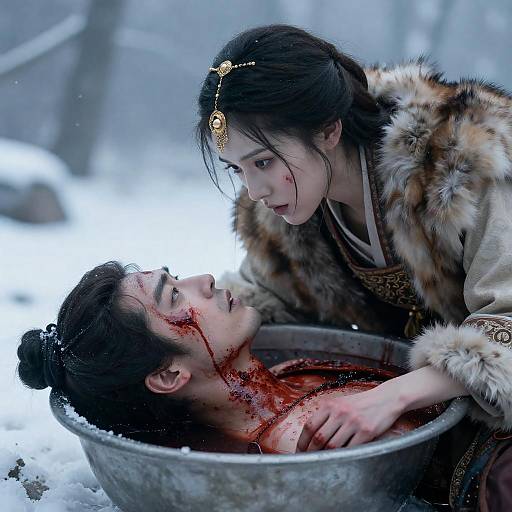 Intense Winter Scene with Woman and Injured Man in Basin