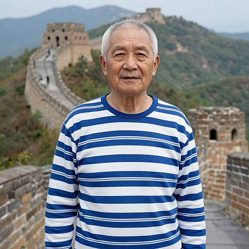 Photograph of an elderly Asian man with white hair, wearing a blue and white striped shirt, standing in front of a historic stone wall with mountains in