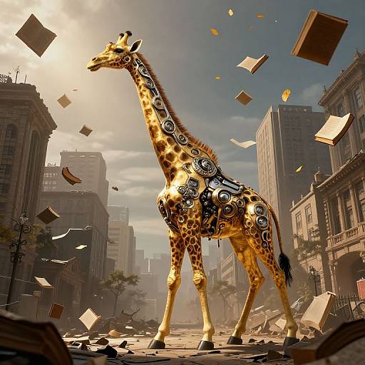Digital artwork of a giraffe with black and white spiral patterns, standing in a sunlit, chaotic city street with floating books.