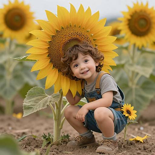 Photograph of a smiling toddler with curly brown hair, wearing denim overalls and a gray shirt, squatting in a sunflower field, holding a