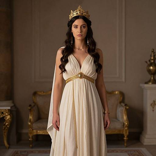 Photograph of a woman with long black hair, wearing a gold crown, white pleated gown with gold belt, standing in an ornate, dim