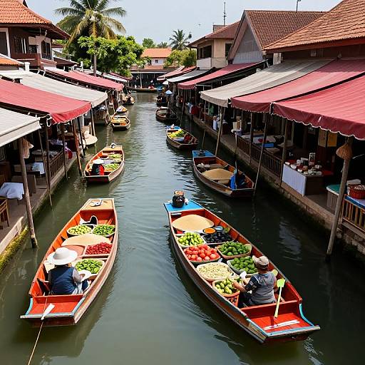 Vibrant Canal Market with Colorful Boats