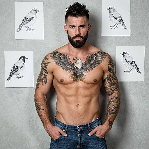 Photograph of a muscular, bearded man with spiked hair, extensive tattoos, including a large eagle on his chest, wearing jeans, standing against a