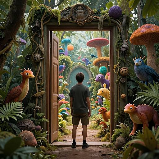 Photorealistic CGI: A man stands in a mystical, colorful forest doorway, surrounded by vibrant, whimsical mushrooms and fantastical creatures, with lush