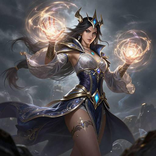 Digital fantasy artwork of a powerful, dark-haired sorceress with glowing blue gem accents, crown, and flowing blue and silver robe, conjuring fiery