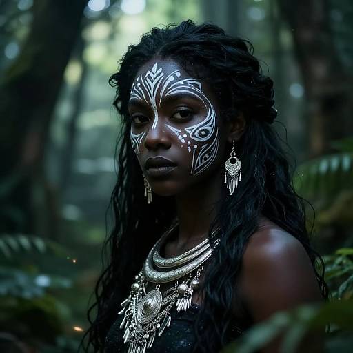 Photograph of a dark-skinned woman with intricate white tribal face paint, wearing silver jewelry, in a lush, dimly-lit forest.