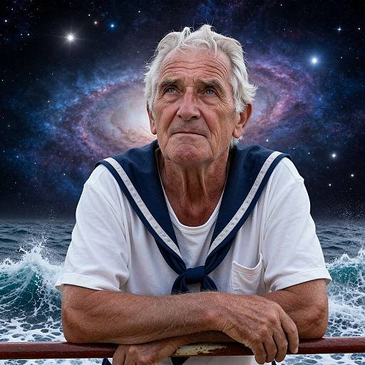 Photograph of an elderly man with white hair, wearing a white sailor shirt, leaning on a boat railing against a cosmic galaxy backdrop.