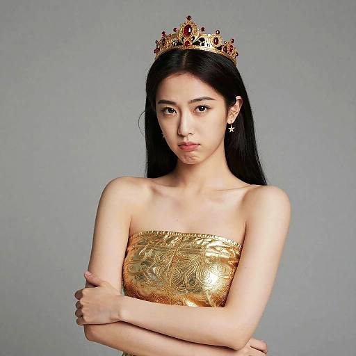 Photograph of an Asian woman with long black hair, wearing a gold crown and strapless golden dress, crossing her arms, against a plain gray background