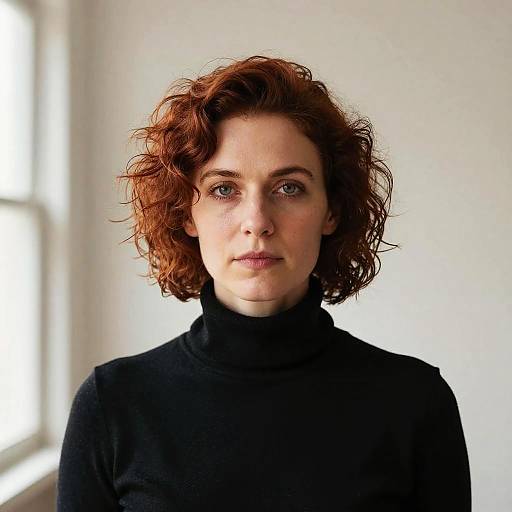 Photograph of a fair-skinned woman with curly red hair, wearing a black turtleneck, standing against a white wall with sunlight from a window