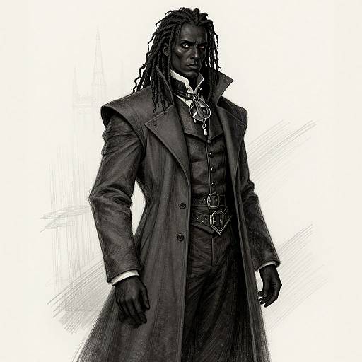 Digital black-and-white illustration of a tall, dark-skinned man with dreadlocks wearing a long coat, vest, and chain necklace, standing against a