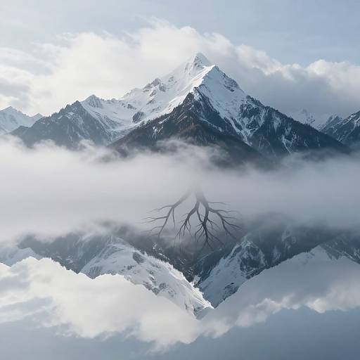 Photograph of snow-capped mountains with a visible bare tree branch emerging through white clouds, creating a dramatic, ethereal mountain landscape.